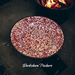 Graniteware 10 1/4" Plate Red White Swirl Splatter‎ Enamelware